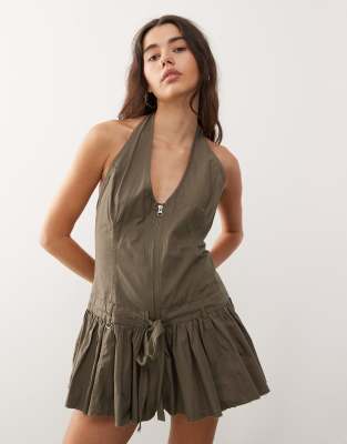 Monki Monki halter tie neck corset dress with zip front detail in khaki-Green