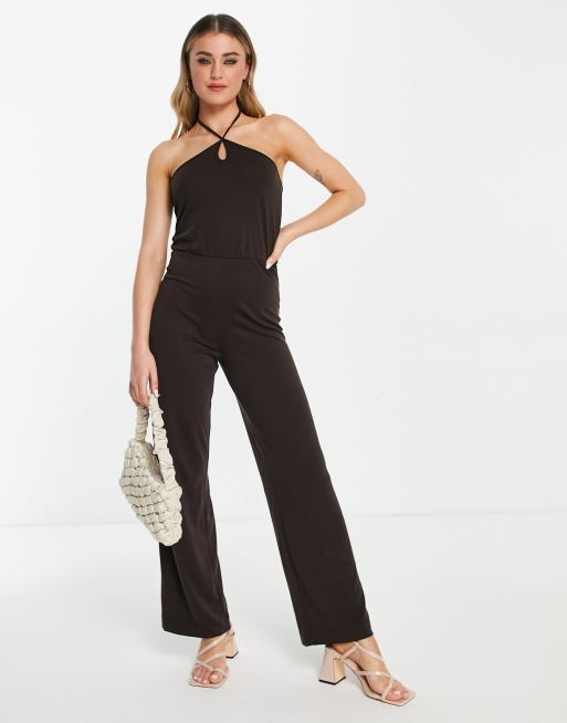 Monki halterneck jumpsuit in brown