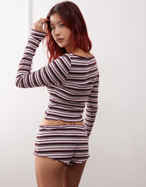 Monki Haut de pyjama court côtelé à manches longues et rayures à