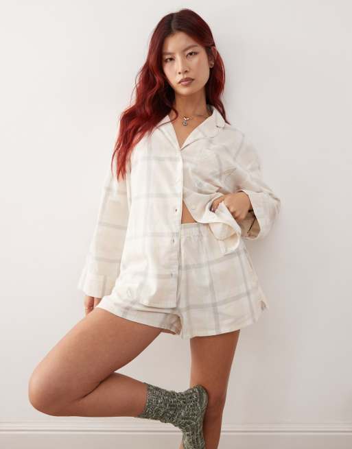 Monki - Haut de pyjama d'ensemble en flanelle à carreaux - Fauve