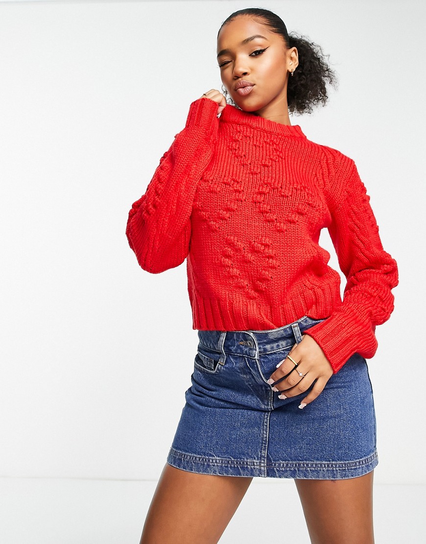 Monki heart and cable knit sweater in red