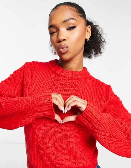 Monki heart and cable knit sweater in red | ASOS
