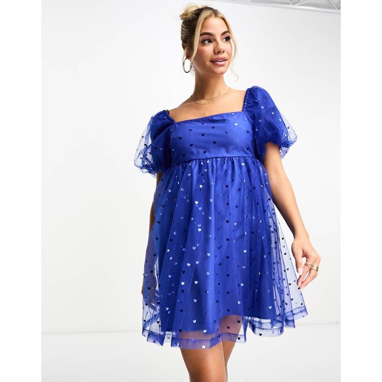 Monki heart embroidery puff sleeve mini dress in blue