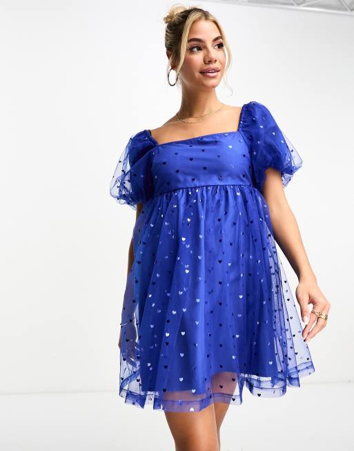 Monki heart embroidery puff sleeve mini dress in blue