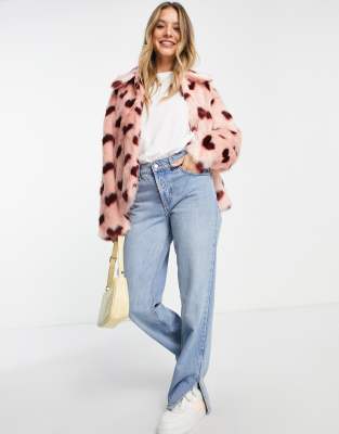 Monki Heart Faux Fur Jacket In Pink