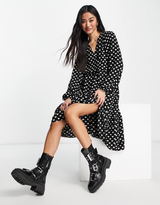 Monki heart print textured midi dress in black - BLACK
