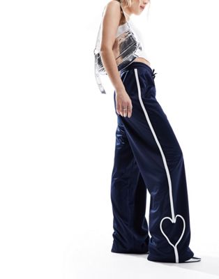 Monki heart stripe straight leg track pant trouser in navy and white