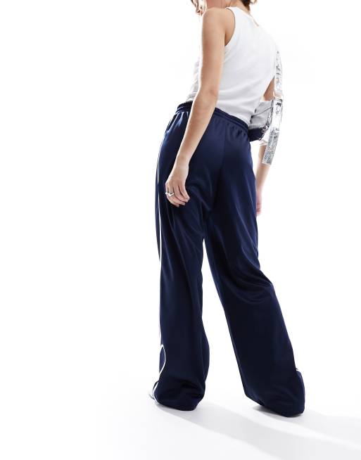 Monki heart stripe straight leg track pant trouser in navy and