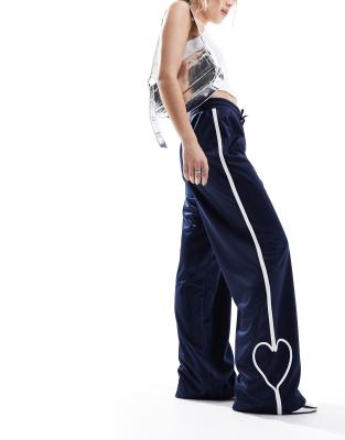 Monki heart stripe straight leg track pants in navy and white | ASOS