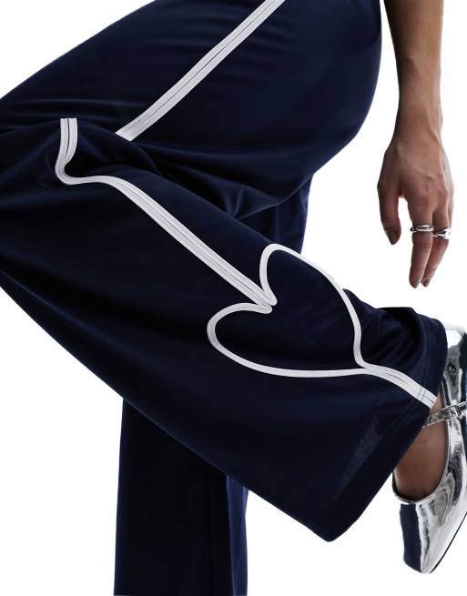 Monki heart stripe straight leg track pants in navy and white, 2 of 5