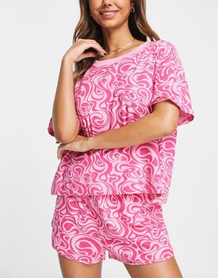 Monki heart swirl print tee and short pyjama set in pink