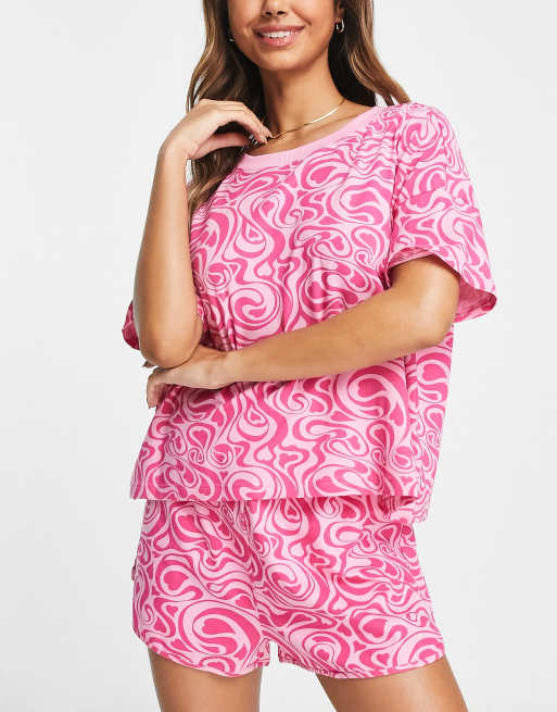 Monki heart swirl print tee and shorts pyjama set in pink