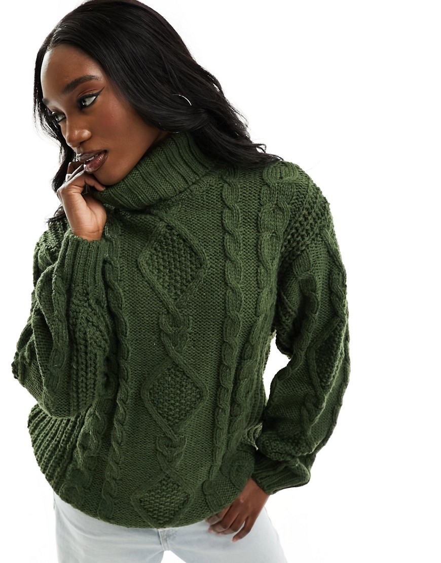Monki Heavy Cable Knitted Roll Neck Sweater In Dark Green