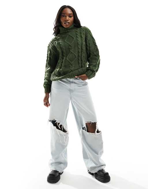Monki heavy cable knitted roll neck sweater in dark green | ASOS