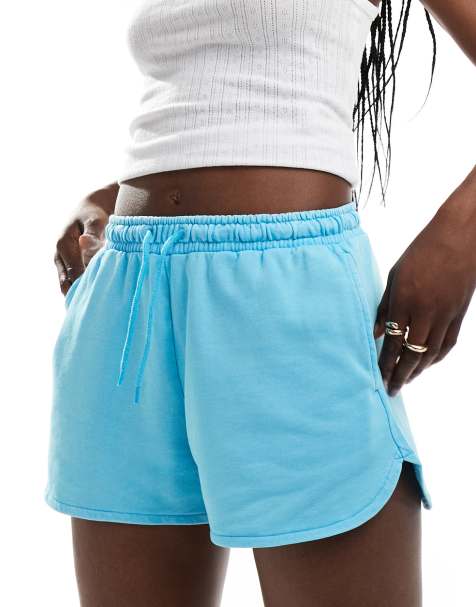 Monki heavy jersey shorts with curved hem in light blue - view 1