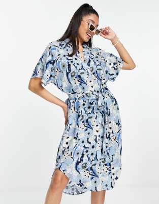 Monki tie waist shirt dress in blue retro floral - ASOS Price Checker