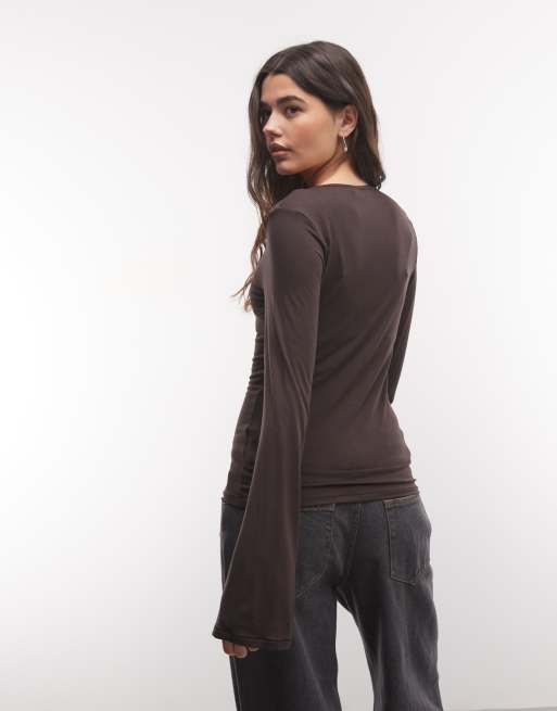 Monki henleytop met lange mouwen in chocoladebruin, 4 van 4