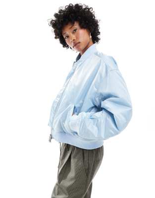 hi-shine bomber jacket with front welt pockets in blue