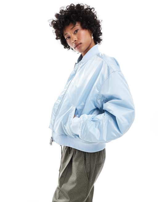 Monki hi-shine bomber jacket with front welt pockets in blue
