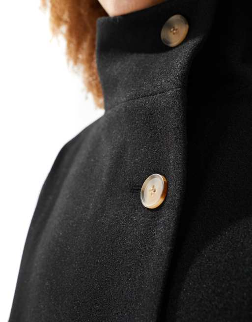 Monki high collar midi coat in black