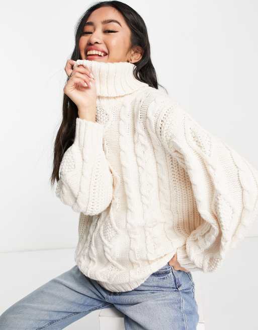 Monki high neck cable knit jumper in off white ASOS