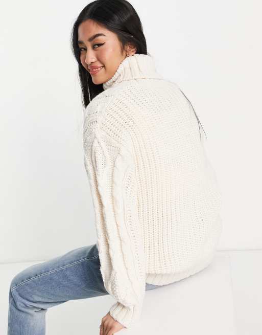 Monki high neck cable knit sweater in off white