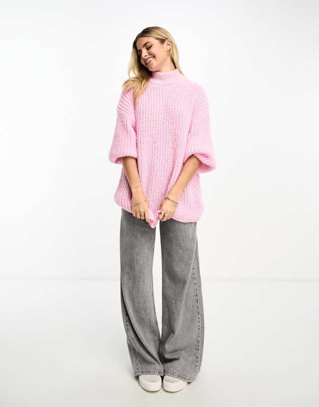 トップス moose's icy rib knit pink Monki high neck chunky rib knit sweater with volume sleeve in pink