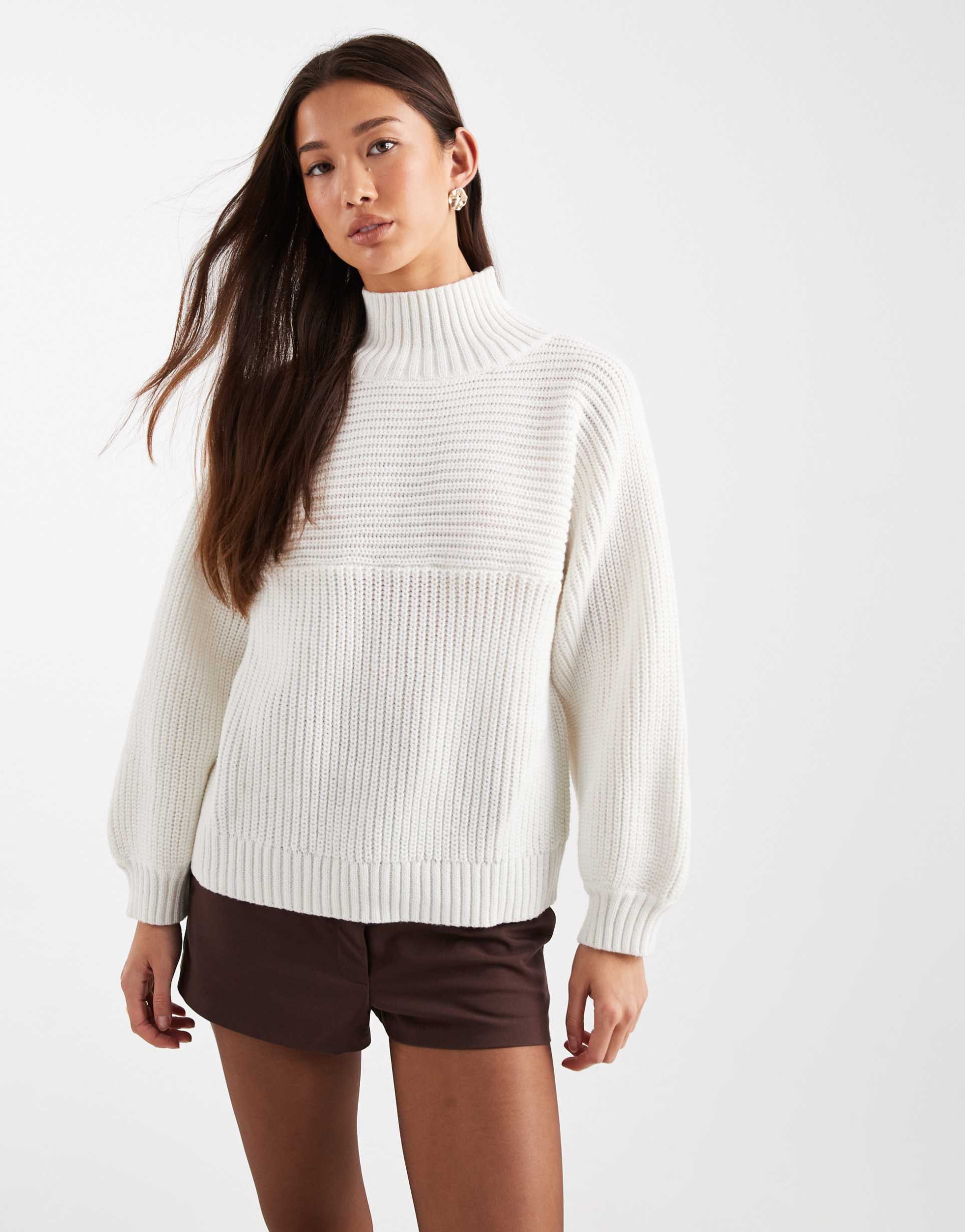 monki high neck chunky rib knit sweater with volume sleeves in white