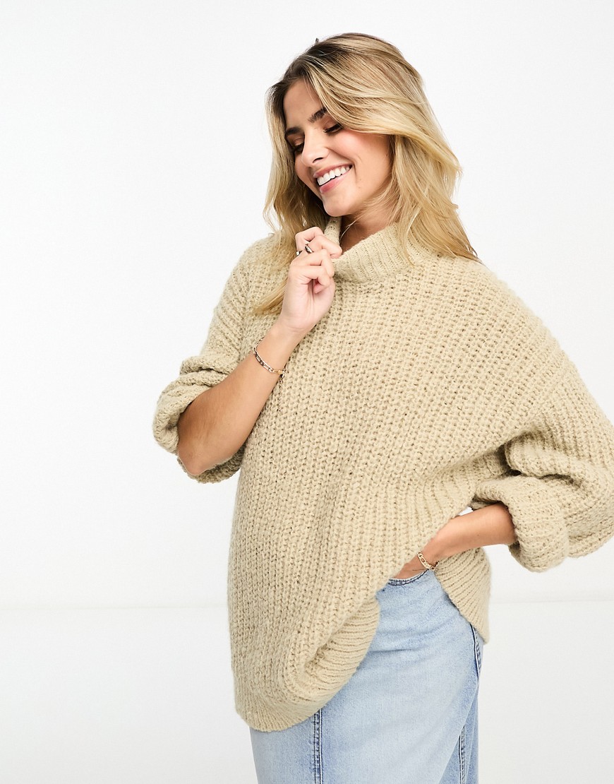Monki high neck chunky rib knitted jumper with volume sleeve in beige-Neutral