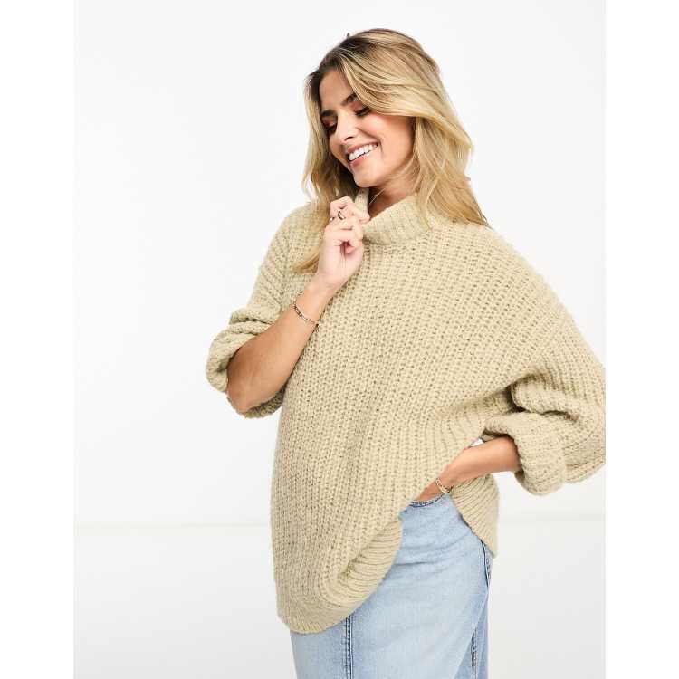 Monki high neck chunky rib knitted jumper with volume sleeve in 