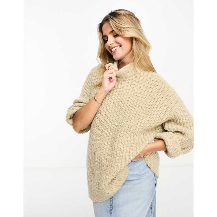 Monki high neck chunky rib knitted jumper with volume sleeve in beige