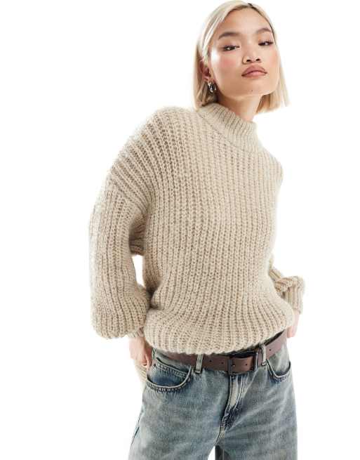 Monki high neck chunky rib knitted jumper with volume sleeve in beige