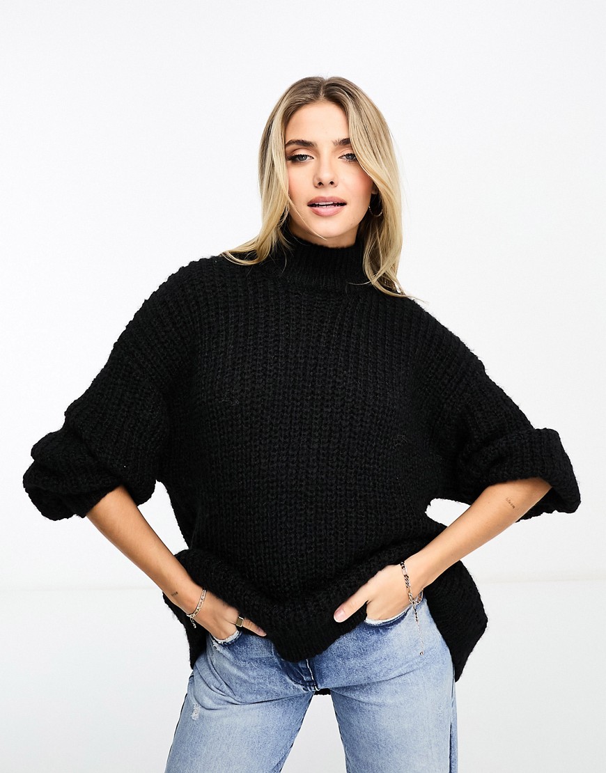 Monki high neck chunky rib knitted jumper with volume sleeve in black