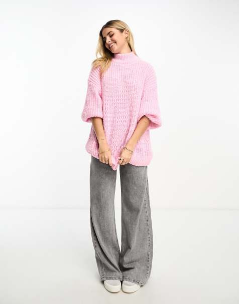 Monki high neck chunky rib knitted jumper with volume sleeve in pink - view 1