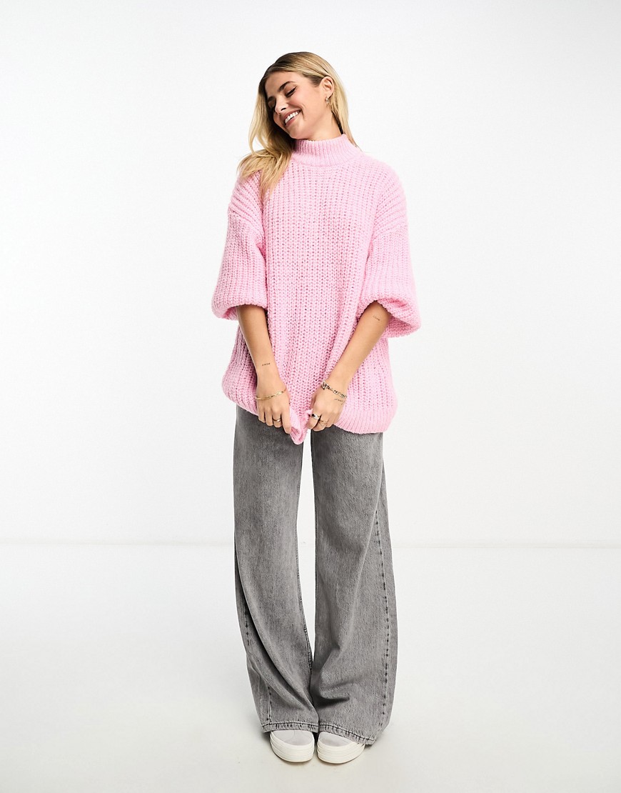 Monki high neck chunky rib knitted jumper with volume sleeve in pink
