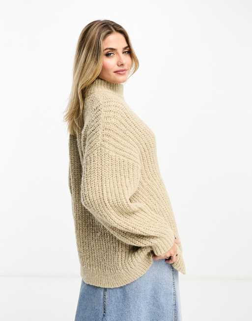 Monki high neck chunky rib knitted sweater with volume sleeve in beige