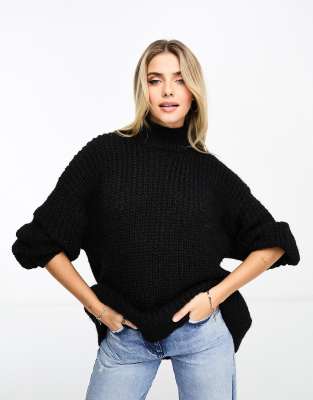 high neck chunky rib knitted sweater with volume sleeve in black