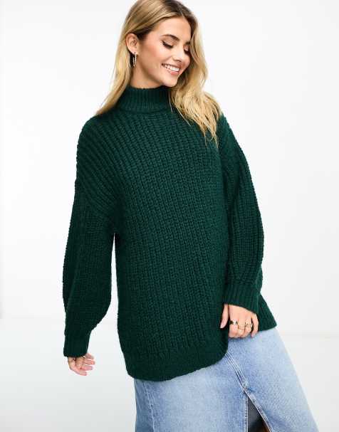 Monki high neck chunky rib knitted sweater with volume sleeve in dark green - view 1