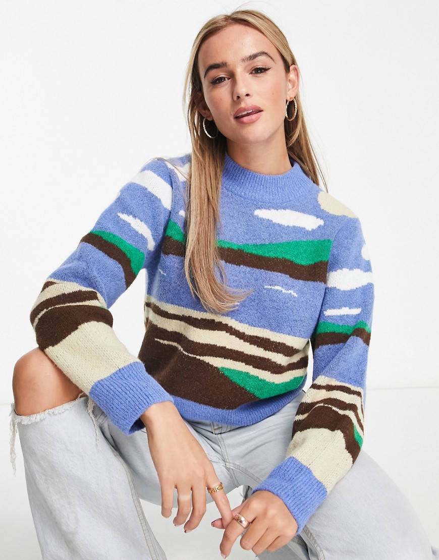 Monki High Neck Knit Sweater In Scenic Print-multi