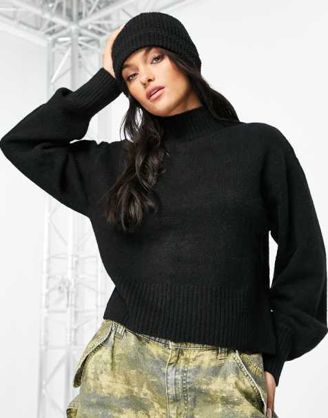 Monki high neck knitted jumper in black - BLACK - view 1