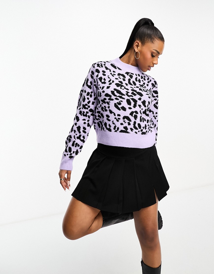 Monki high neck knitted jumper in leopard print-Purple