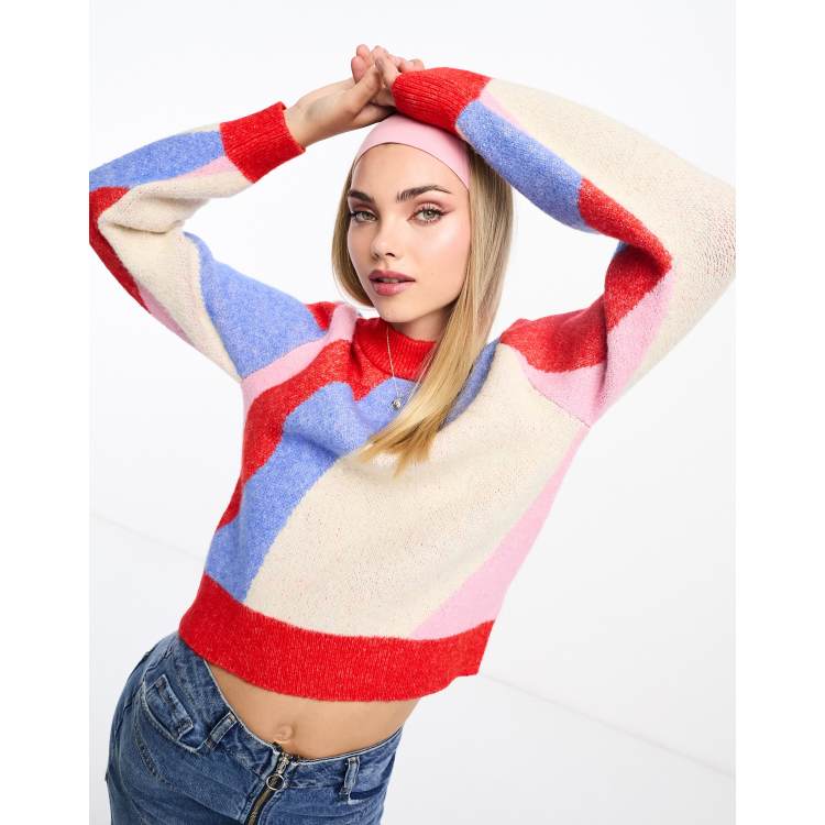 Monki high neck knitted jumper in rainbow wavy stripe jacquard ASOS