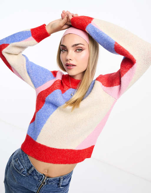 Monki high neck knitted jumper in rainbow wavy stripe jacquard | ASOS