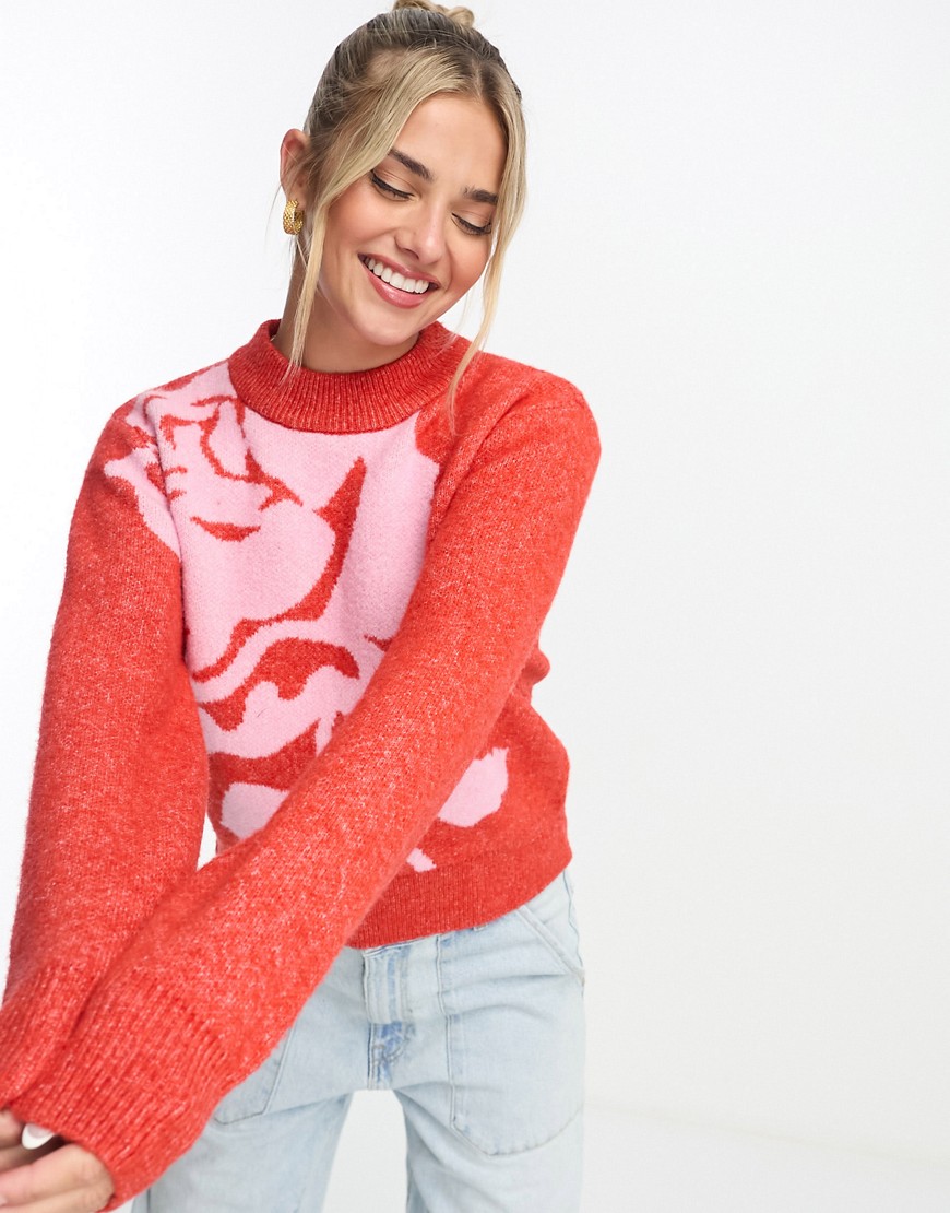 Monki High Neck Knitted Sweater In Rose Jacquard-multi