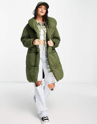 Monki high neck padded coat in khaki-Green