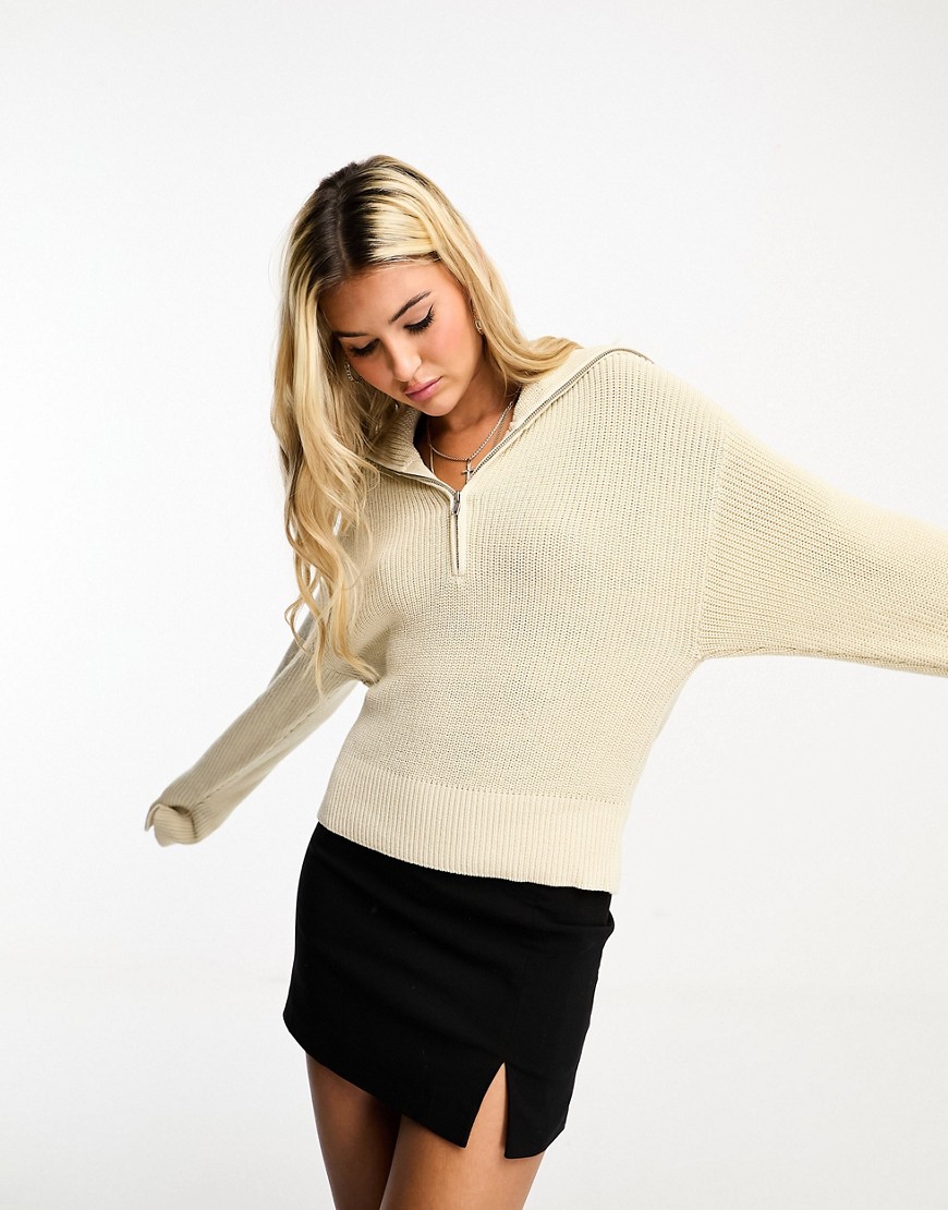 Monki high neck quarter zip knit sweater in cream-Neutral