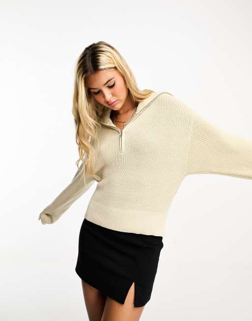 Monki high neck quarter zip knitted sweater in cream