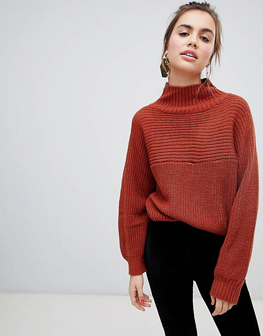 Monki high neck ribbed oversized sweater in rust