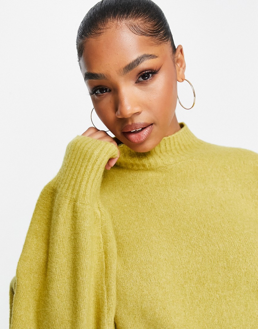 Monki high neck sweater in off mustard knit-Yellow