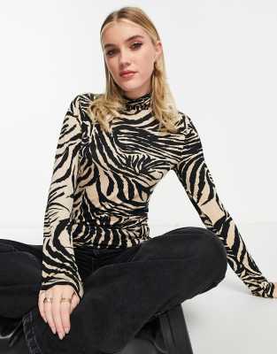 Monki High Neck Top In Beige And Black Zebra Print